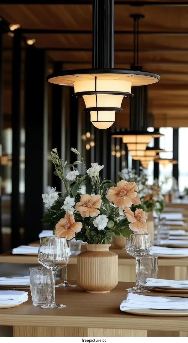 Elegant Table Setting with Peach Flowers and Modern Pendant Lights