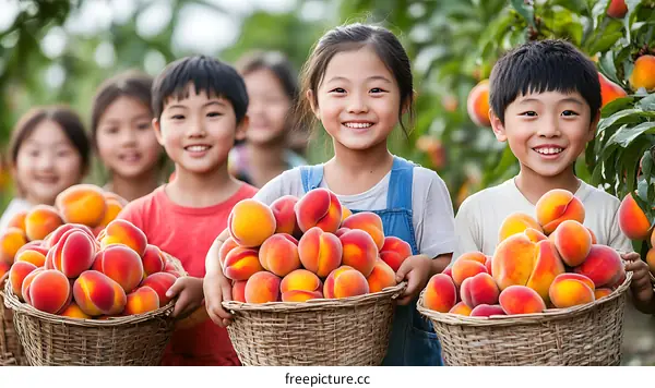 Happy Children Harvesting Peaches in Orchard