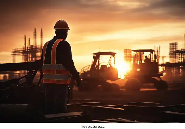 Construction Worker in Hardhat and Safety Vest Contemplates Sunset