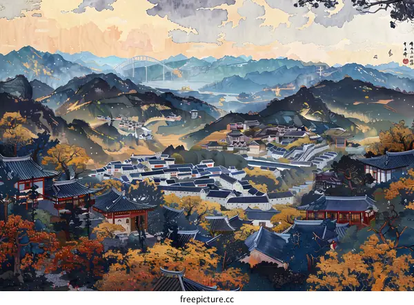 Chinese Style Landscape Painting with Mountain and Bridge