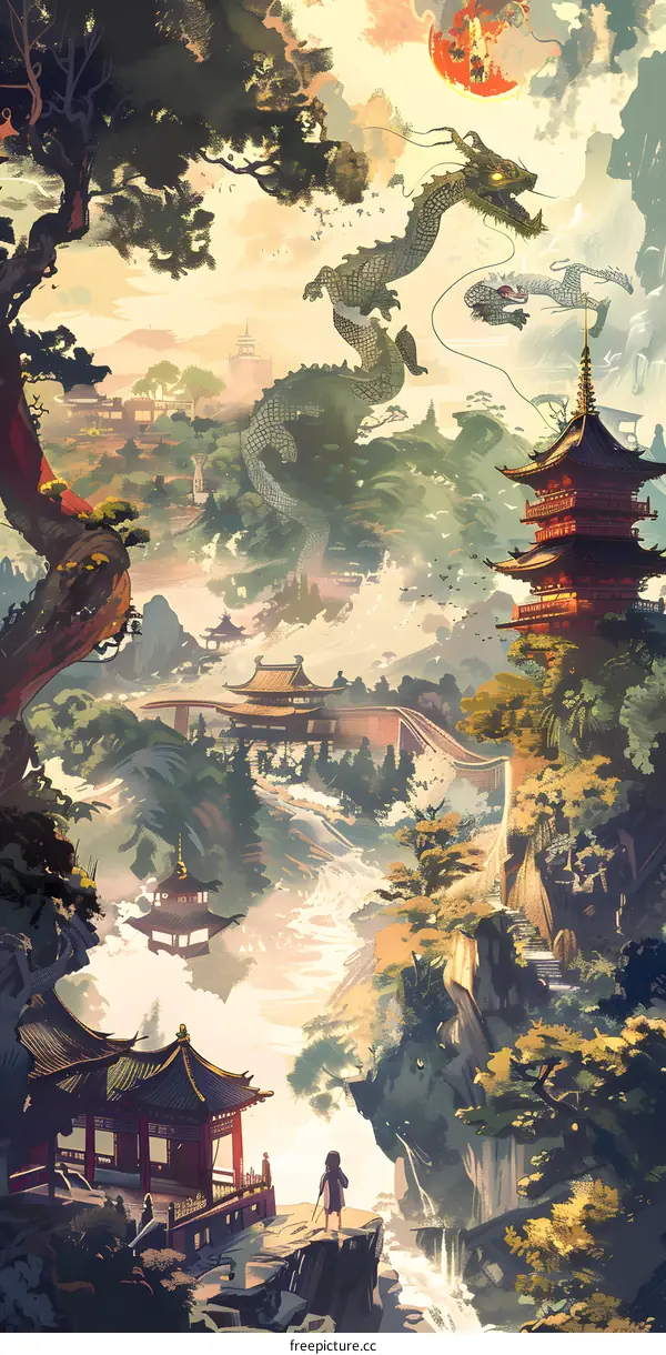 Asian Dragon Flying Over Pagoda with Mountain View
