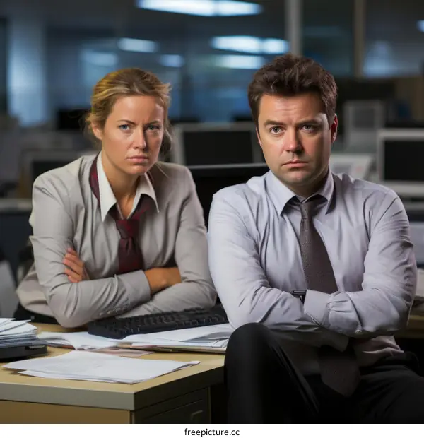 Two serious office workers sitting at a desk and looking at the camera
