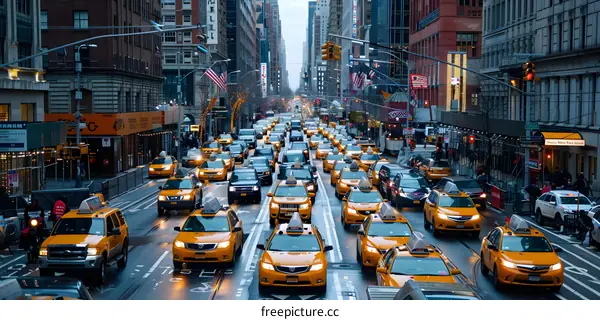 Yellow Taxis Lined Up on a Busy Street in New York City