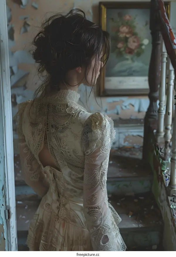 Woman in a lace dress standing on a staircase