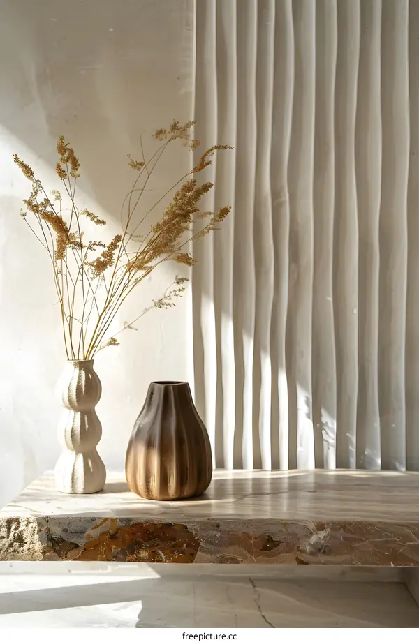 Dried Flower in a White and Brown Vase on a Table