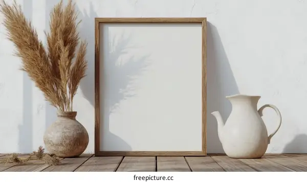 Empty Picture Frame with Dried Flowers and Pottery