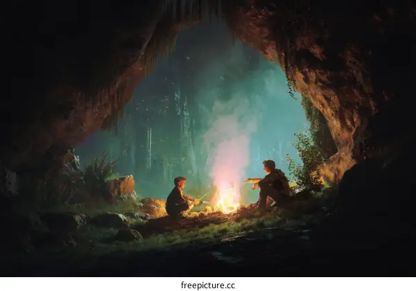 Two Children Camping in a Cave at Night