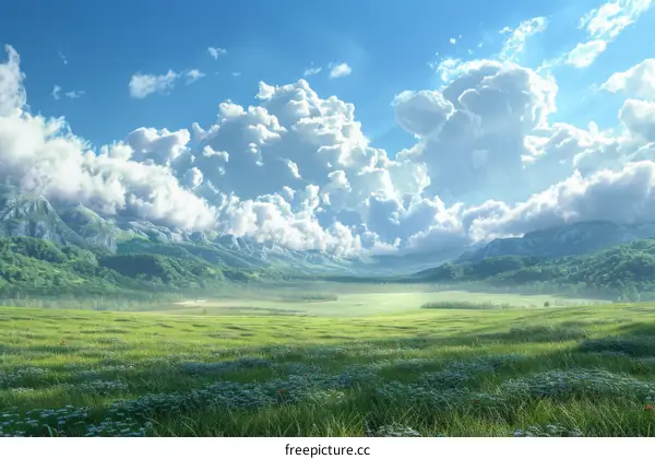 Enthralling Green Meadow with Flowers and Trees