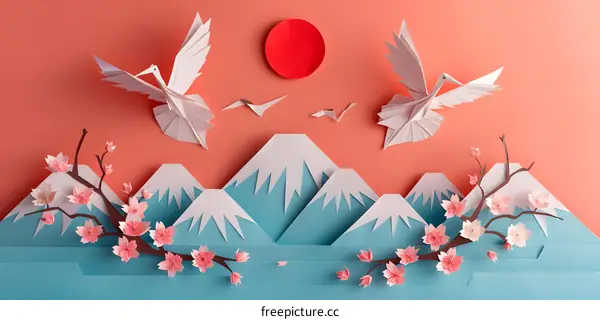 Paper Art Illustration of Mountains with Cherry Blossoms and Origami Cranes