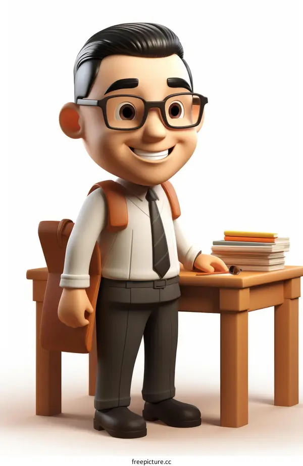 A 3D illustration of a student standing next to a desk