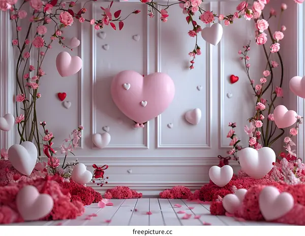 A beautiful pink and white floral backdrop with a large pink heart.