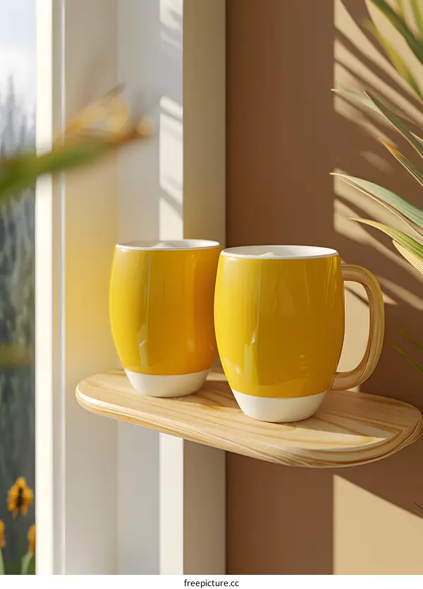 Two Yellow Mugs on Wooden Shelf Near Window