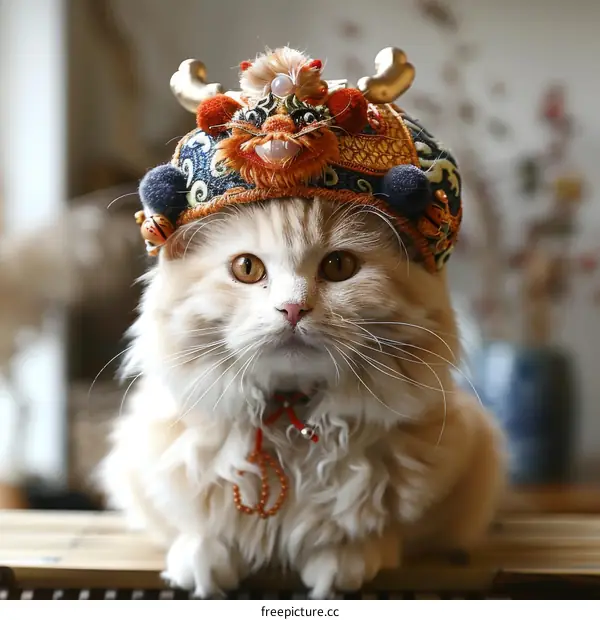 A ginger cat wearing a traditional Chinese hat