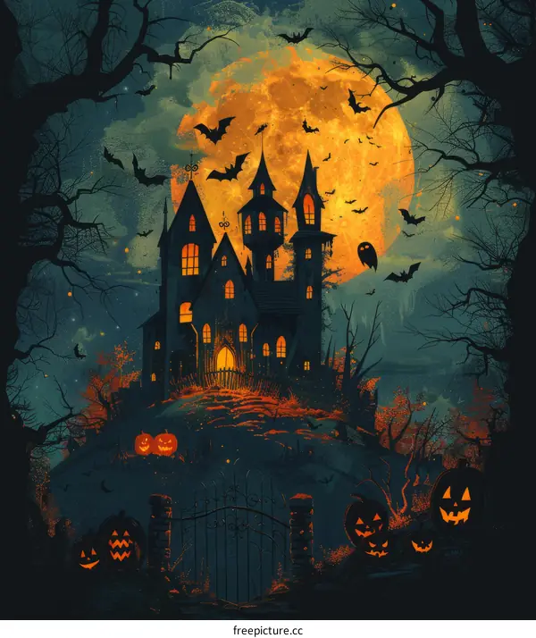 A haunted house with a full moon and bats