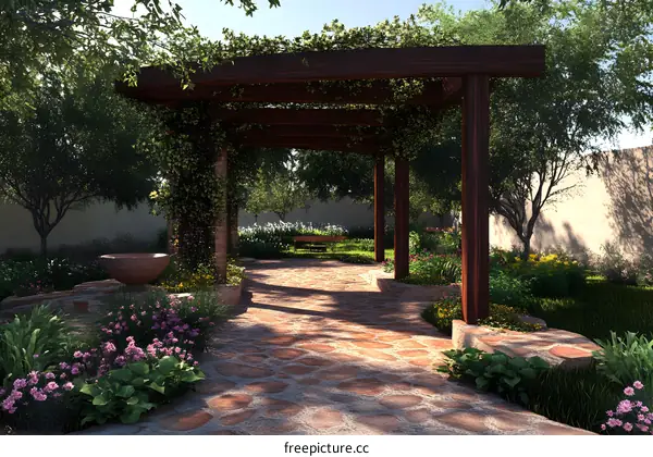 Stone Path through Garden with Wooden Pergola