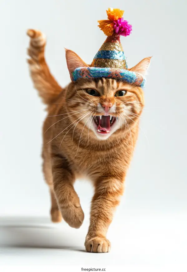 ginger cat wearing a party hat with multi-colored streamers