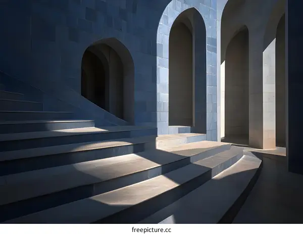 Modern Building with Arched Entryways and Stone Stairs