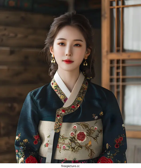 Portrait of a young Korean woman in traditional Korean dress