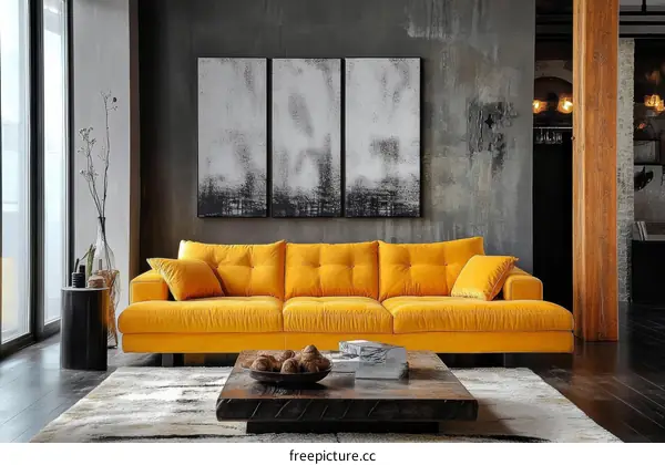Modern Living Room Interior with Mustard Yellow Sofa