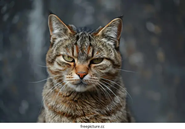 A ginger cat is staring at the camera with a serious look on its face