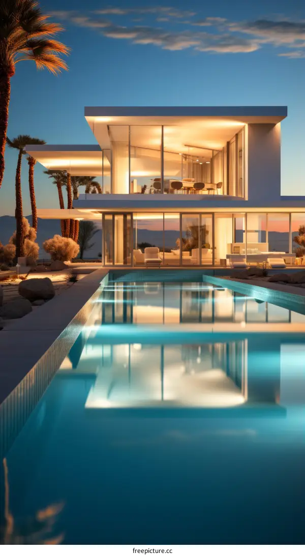 Stunning Modern Luxury House with Pool and Palm Trees at Dusk