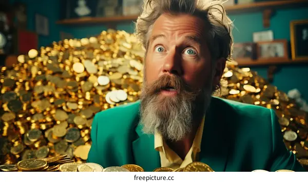 Surprised man looking at a pile of gold coins