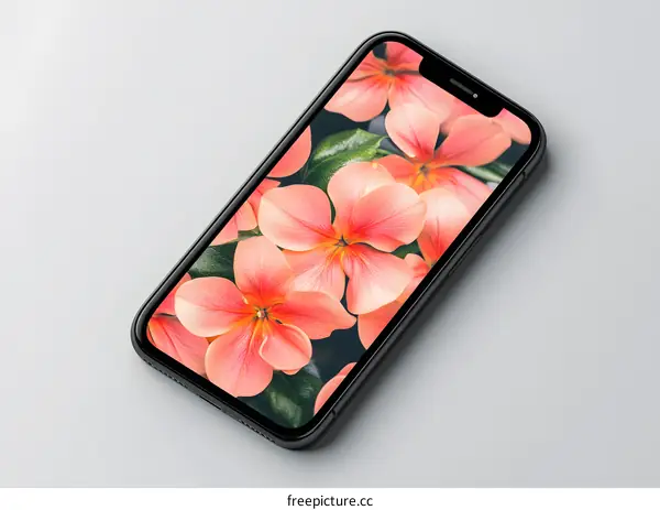 Black Smartphone with Flower Wallpaper on a White Background