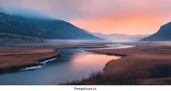 Mountain River at Sunrise with Mist