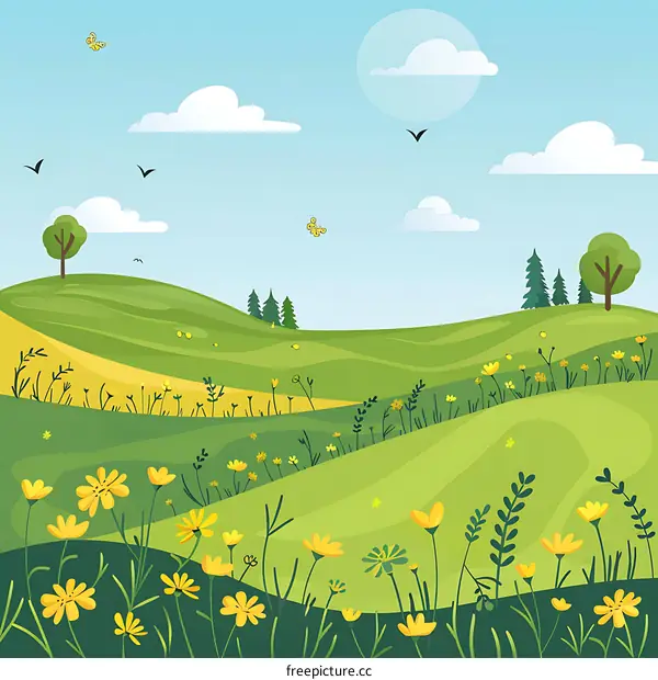Spring Meadow Landscape With Rolling Hills and Flowers