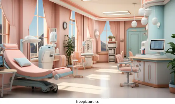 Modern Hospital Room with Pink Accents and Blue Walls
