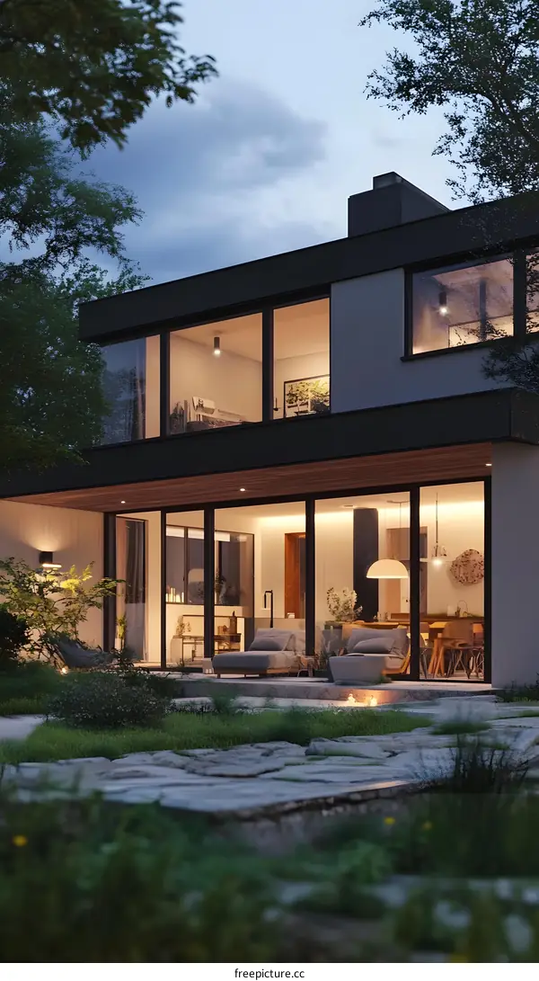 Modern House with Large Windows and a Stone Patio