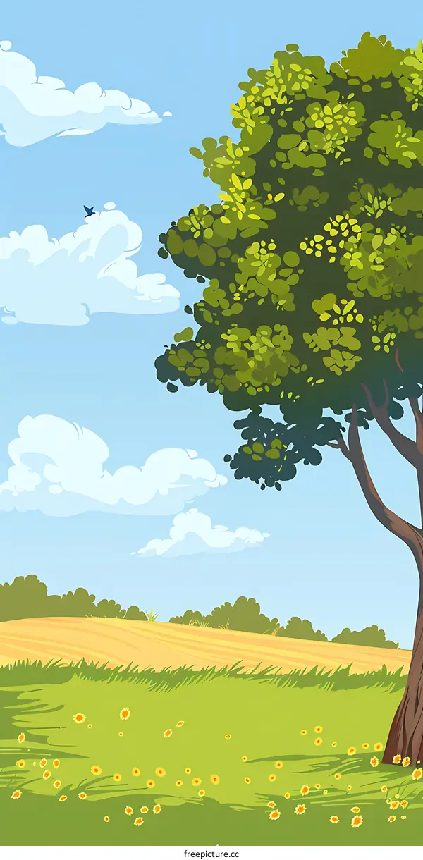 Summer Landscape With A Tree And Blue Sky