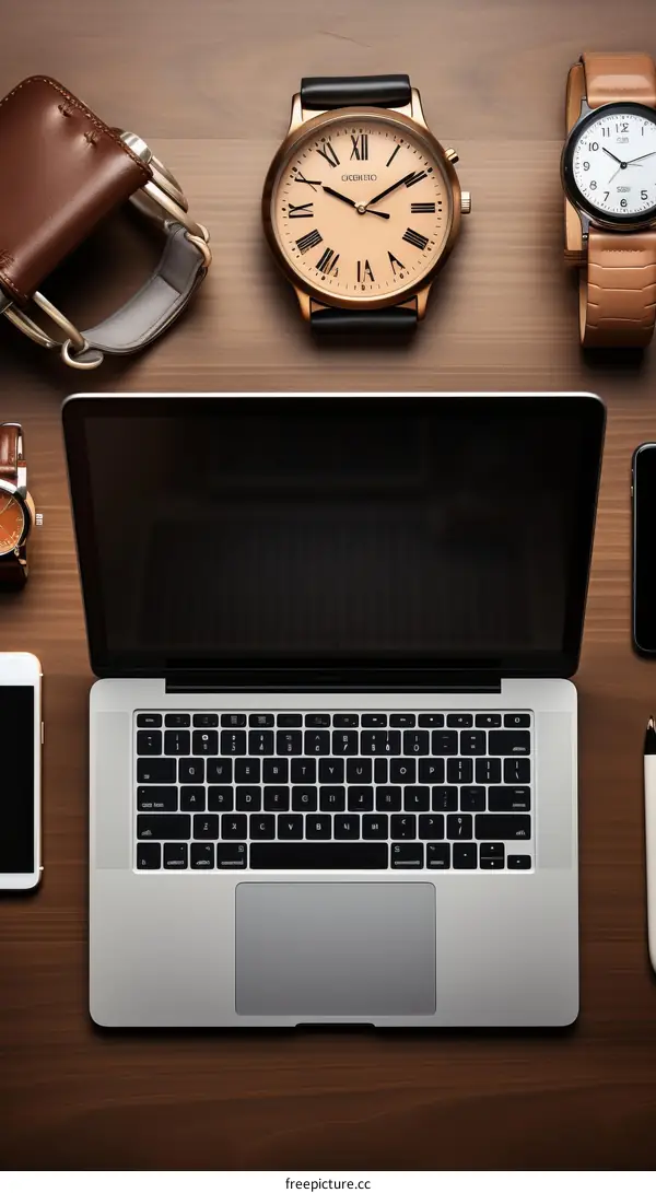 Desk Setup: Laptop, Clock, Pen, and Two Phones
