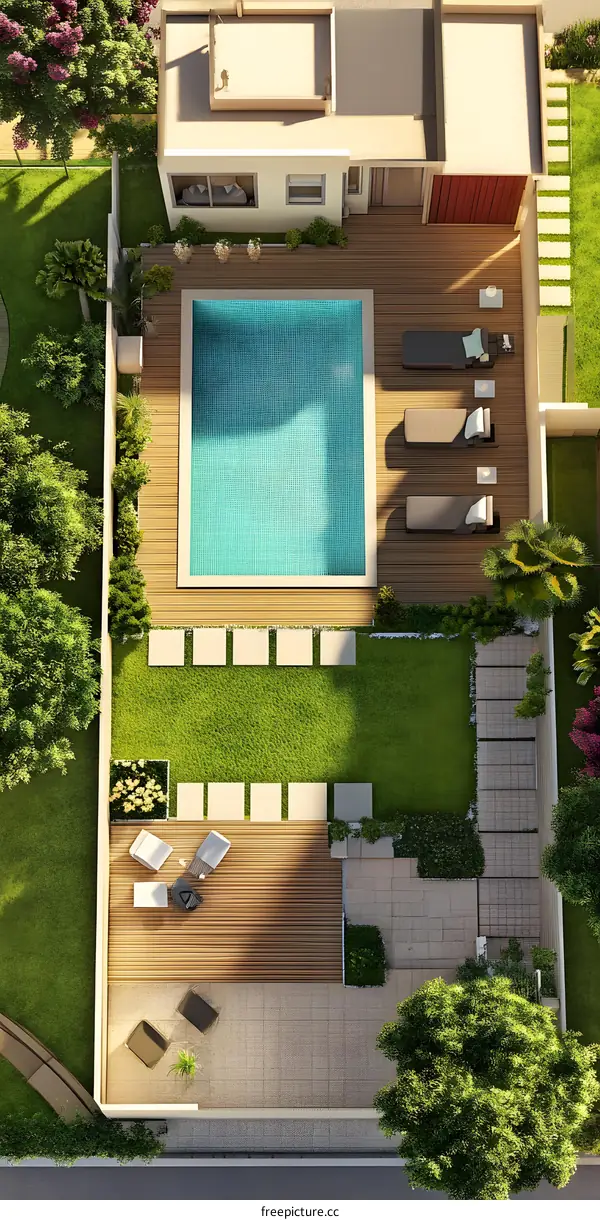 Aerial View of a Modern House with a Swimming Pool and Garden