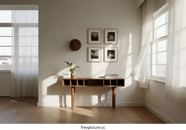 Bright and simple room with wooden table and framed pictures