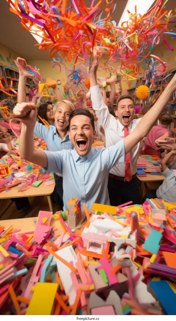 A group of people are celebrating with confetti in a classroom.
