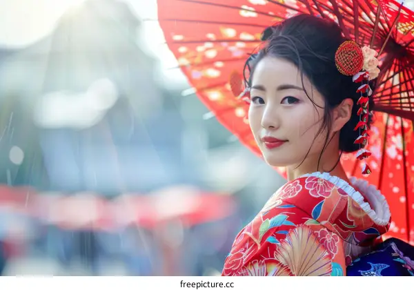 Portrait of a beautiful Japanese woman in traditional kimono with red umbrella