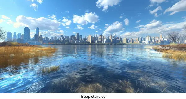 New York City Skyline Over Water