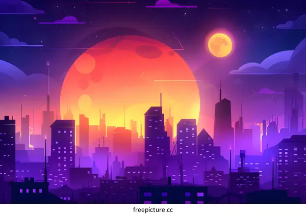 Night City Skyline With Two Moons