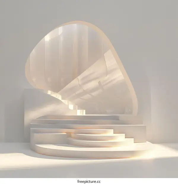 3D Rendering of Bright Room with Curved Wall, Stairs, and Platform