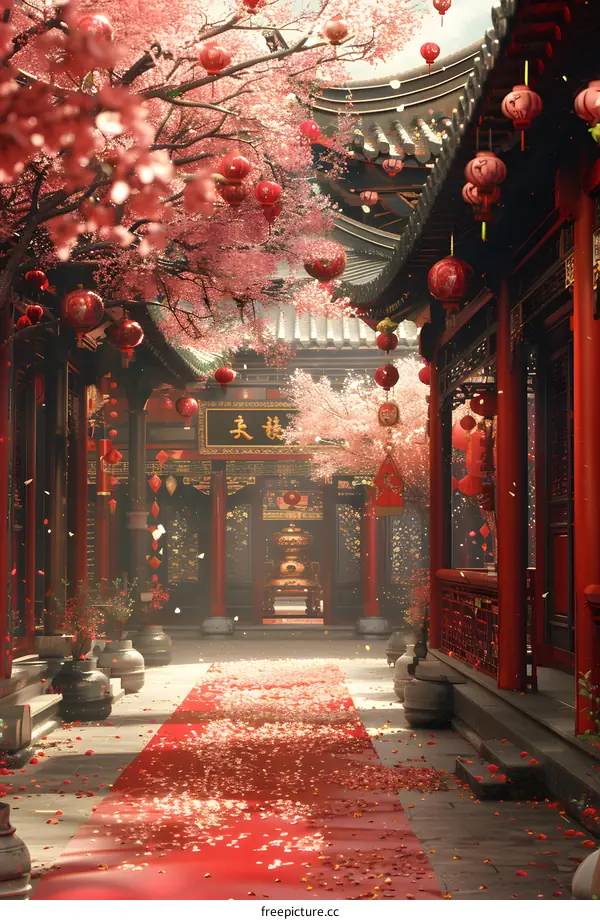 Chinese courtyard with red lanterns and pink cherry blossoms