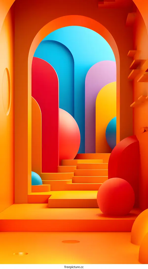 3D rendering of a colorful abstract room with geometric shapes