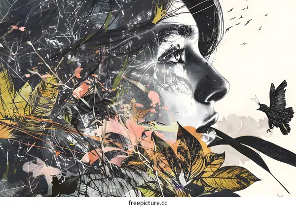 Woman with Flowers and Birds in Abstract Style