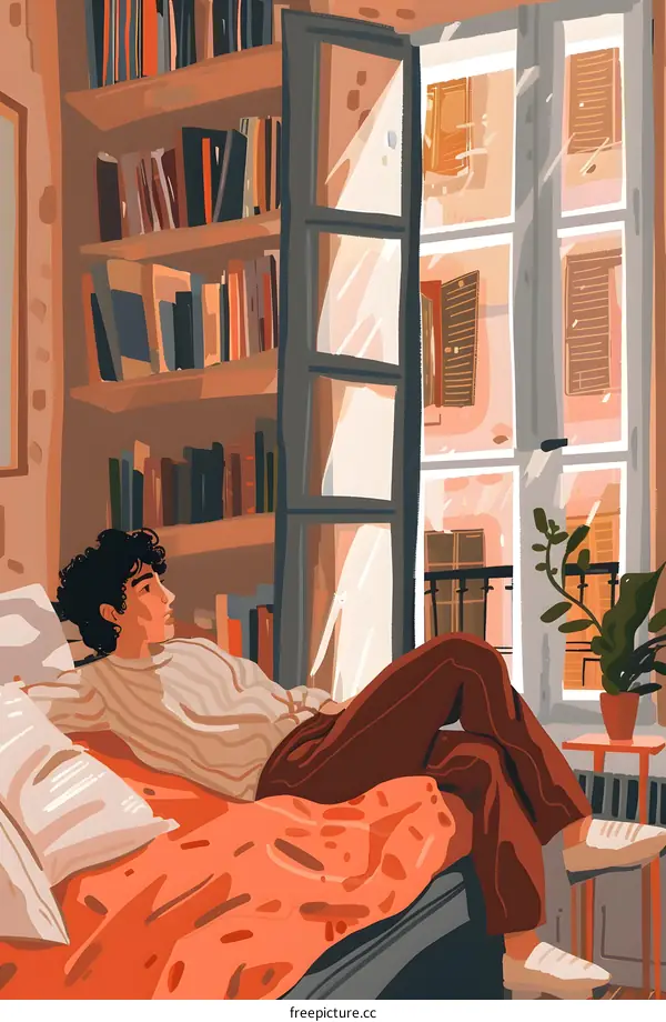 Man Resting On Bed Looking Out Window