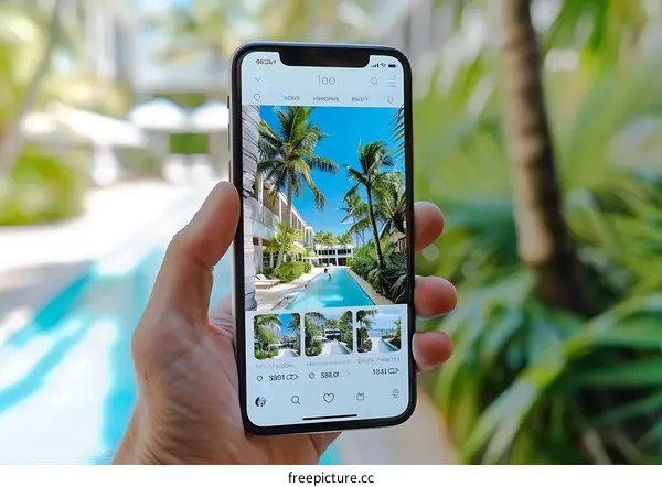 Hand Holding Phone with Tropical Pool