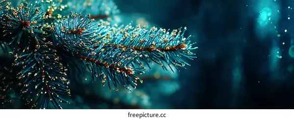 Closeup of Teal Christmas Tree Branch with Gold Accents