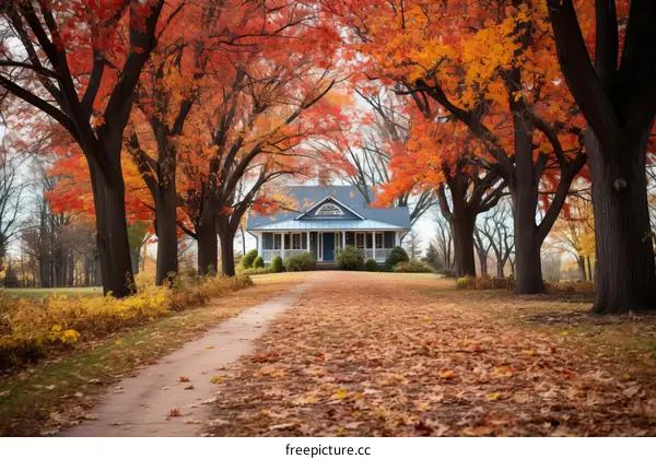 Charming Fall Scenery of a House Surrounded by Colorful Autumn Trees