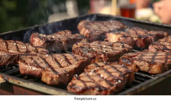 Eight juicy and tender beef steaks sizzling on a hot grill grate