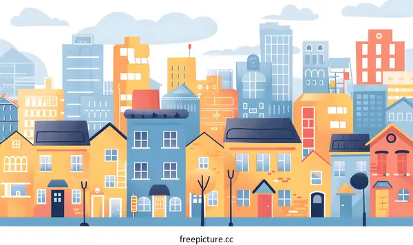 Colorful Cityscape with Tall Buildings and Houses