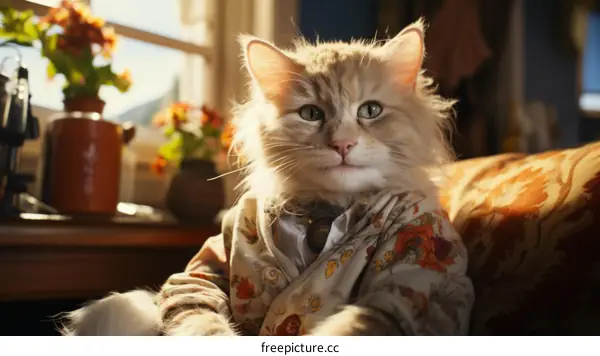 A ginger cat wearing a floral shirt is sitting on a couch